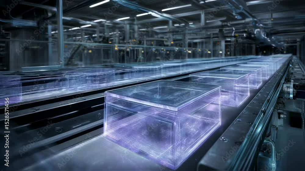 Poster transparent cubes with purple light inside are moving on an assembly line inside a modern factory, s