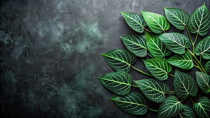 Dark textured background with vibrant green leaves arranged artistically for a sophisticated design element