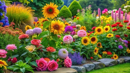 Vibrant Summer Garden Display Featuring Sunflowers, Roses, and an Array of Colorful Blooms
