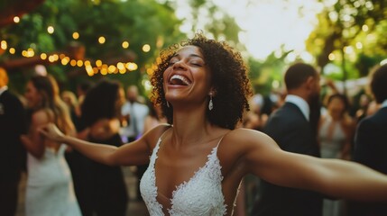 Naklejka premium A joyful bride dances among celebrating wedding guests at night