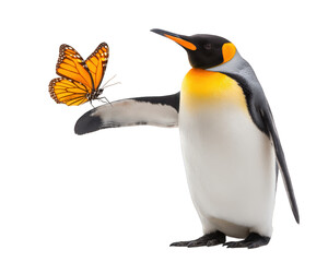 Obraz premium Playful penguin reaching out to catch vibrant butterfly showcases delightful interaction between wildlife and nature. This charming scene captures essence of curiosity and joy