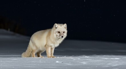 Naklejka premium Arctic fox standing in snowy landscape under the starlit night sky atmosphere