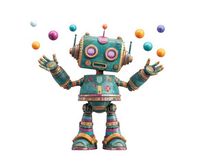 Cheerful robot humanoid is juggling colorful balls, showcasing playful and vibrant personality. robot features vintage design with metallic textures and bright colors, creating whimsical
