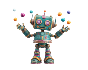Cheerful robot humanoid is juggling colorful balls, showcasing playful and vibrant personality. robot features vintage design with metallic textures and bright colors, creating whimsical