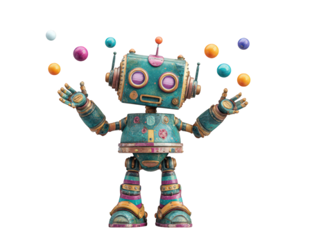 Cheerful robot humanoid is juggling colorful balls, showcasing playful and vibrant personality. robot features vintage design with metallic textures and bright colors, creating whimsical