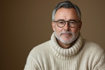 Obraz premium Elderly Man with Glasses and Beard Posing Confidently in Cozy Sweater - Indoor Portrait with Neutral Background