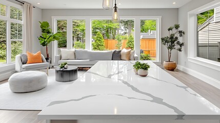 Bright and airy living space with white marble counter and outdoor views