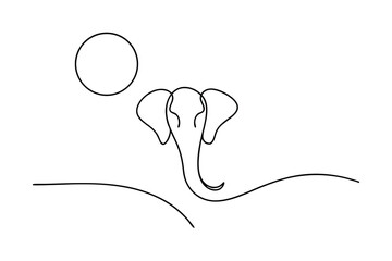 Single line drawing elephant under sun minimalist art