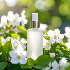 花と緑を添えたオールシーズン対応の化粧品ボトル
