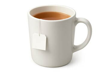 Ceramic white mug steeping herbal tea bag, warm liquid creating rich aromatic infusion against clean light background