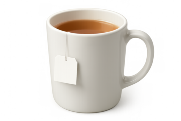 Ceramic white mug steeping herbal tea bag, warm liquid creating rich aromatic infusion against clean light background