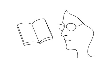 Line drawing woman reading open book minimalist illustration