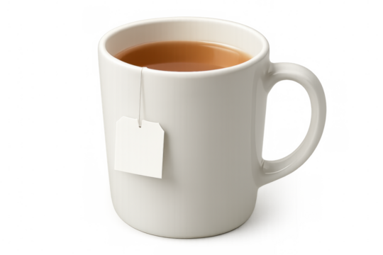 Ceramic white mug steeping herbal tea bag, warm liquid creating rich aromatic infusion against clean light background