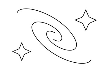 Simple line drawing of spiral galaxy and stars