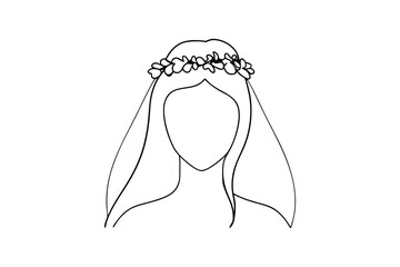 Simple line drawing bride floral crown veil minimalist