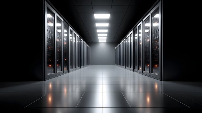 Secure server room houses blinking lights for cybersecurity data protection with modern infrastructure design.