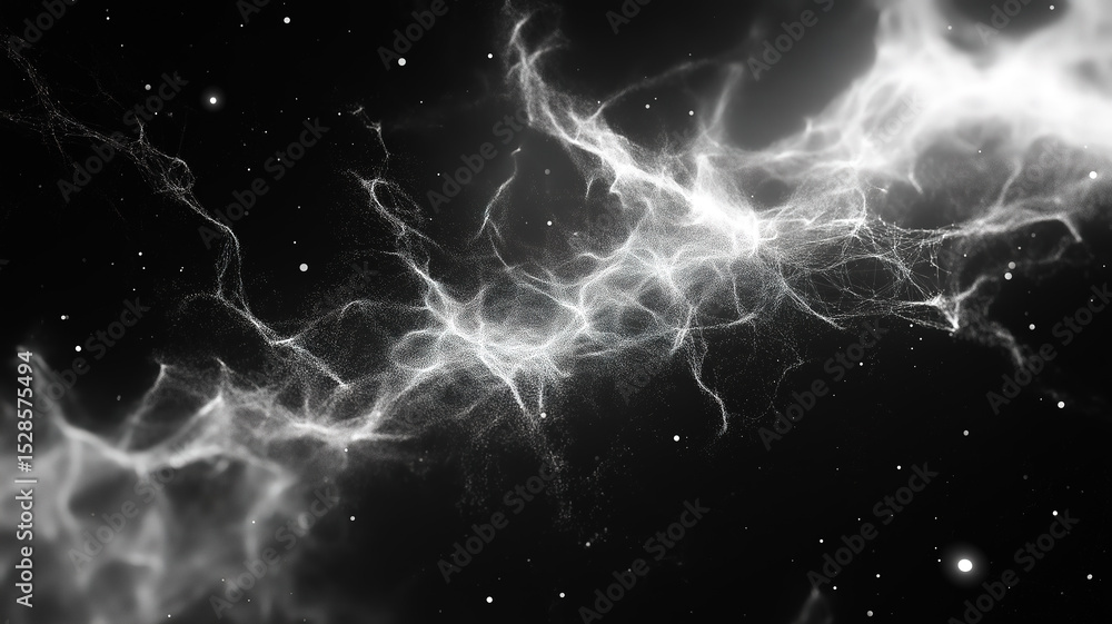 Poster expanding network of white particles and lines creating a digital futuristic design on black backgro