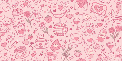 Seamless vector banner with coquette girly elements in pink and red color. Vintage mirror, cake, bear, telephone, bows in hand drawn style on background. Pattern with cute romantic