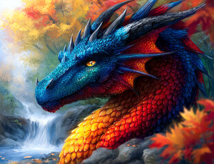 Rainbow Dragon by Waterfall – Colorful Fantasy Dragon with Fiery Scales in Autumn Forest Landscape