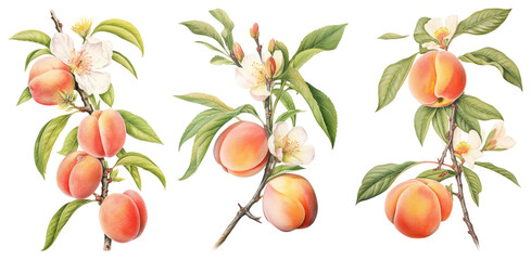 PNG Vintage peach botanical illustration, element set on transparent background