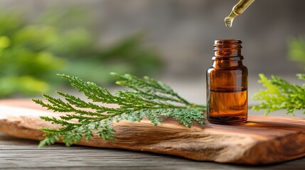 ヒノキの精油イメージのスポイトから垂れるオイル	