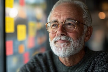 Senior Man in Modern Coffee Shop Portrait. A Serene and Thoughtful Scene with Genuine Smile and Emotional Depth - Embracing Active Aging and Life Experience