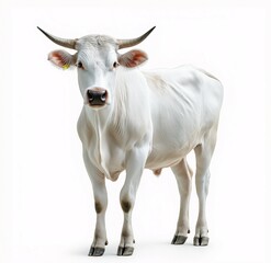 Pure White Cow Grazing in Meadow. Portrait of a Dairy Farm Animal in a Pastoral Scene