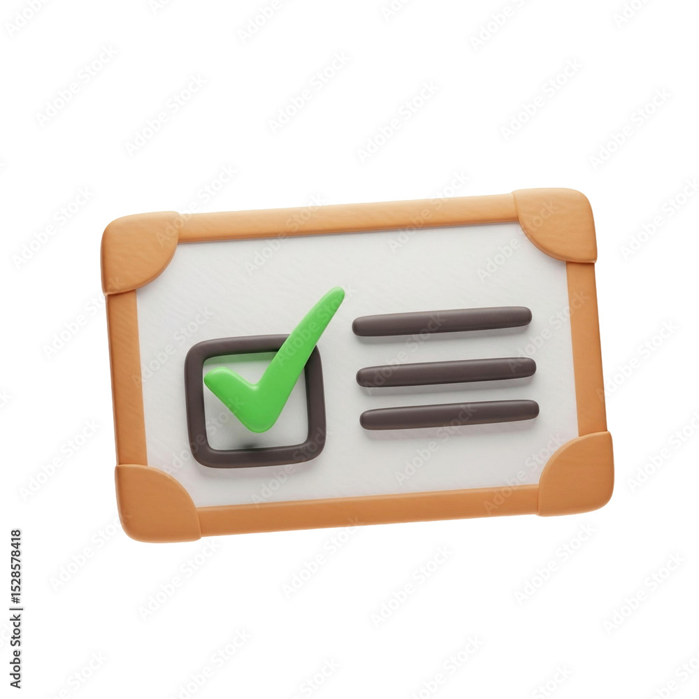 Poster a white board with a tan frame showcasing a green check mark and three horizontal lines to the right