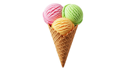 Three scoops of flavored ice cream in a waffle cone with a textured pattern and vibrant presentation on transparent background