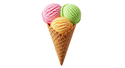 Three scoops of flavored ice cream in a waffle cone with a textured pattern and vibrant presentation on transparent background