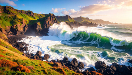 Naklejka premium Matcha tsunami crashing over chocolate rock coastline. Food Concept. Generated Image