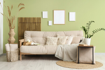Cozy sofa with pampas grass and houseplant in interior of living room