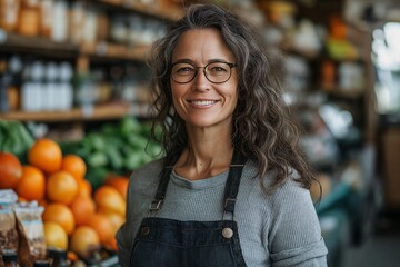 Smiling Woman Grocer in Organic Retail. Healthy Fruits & Vegetables at Local Farmers Market
