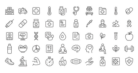 Set of 50 Health and Medical Geometric Line Icons with Rounded Corners – Wellness, Fitness, and Hygiene Concepts