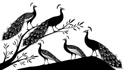"Make a monochrome artwork showing six peafowl in silhouette, with balanced composition and alternating facing directions, emphasizing contrast and simplicity."







