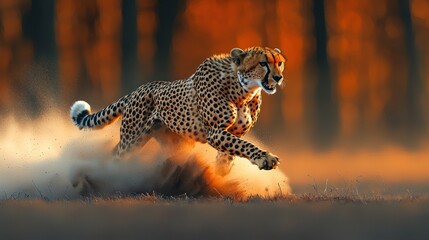 Cheetah running through dust at sunset