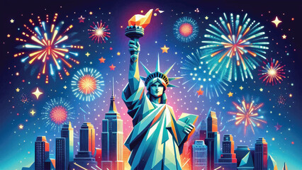 Statue of Liberty and Fireworks, A majestic, cartoon-style Statue of Liberty hold 