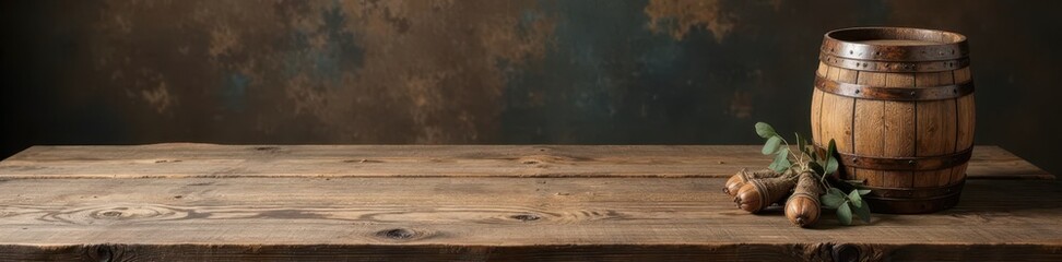 Weathered oak barrel and worn wooden tabletop , shadow, old