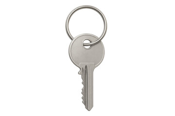 Classic silver metal key with key ring isolated on transparent background, perfect for security and access concepts