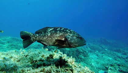 Fototapeta premium Mysterious dusky grouper swims serenely through turquoise underwater world