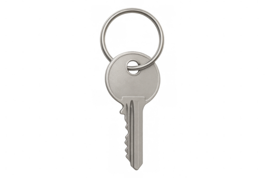 Classic silver metal key with key ring isolated on transparent background, perfect for security and access concepts