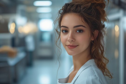 Smiling Young Woman Chef in Modern Kitchen. Portrait of a Confident Brunette in Culinary Industry