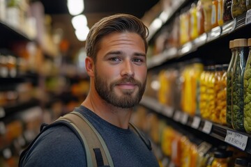 Obraz premium Smiling Man Shopping for Healthy Food in Modern Grocery Aisle. Organic Products and Freshness for Wellness Enthusiasts
