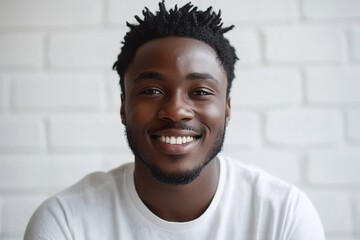 Smiling Young Afro Male with Casual Wear Against White Brick Wall Portrait with Positive Vibes and Joyful Expression