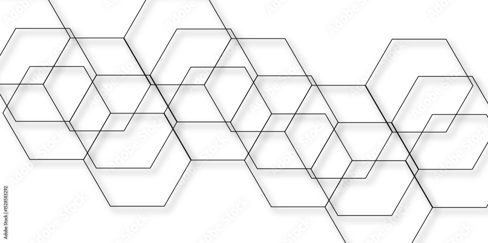 Poster abstract seamless geometric background with interconnected hexagons outlined in thin gray lines on a