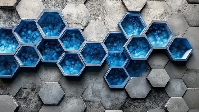 Futuristic honeycomb pattern with illuminated blue interior, abstract honeycomb texture background
