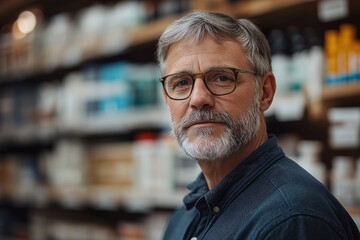 Obraz premium Thoughtful Bearded Senior Man in Retail Environment. Engaging Close-up Portrait with a Focus on Experience and Community Interaction
