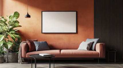 Frame mockup ISO A paper size Living room wall poster mockup Interior mockup with house background Modern interior design 3D render