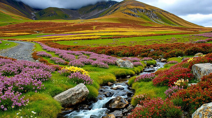 The summer stream runs forward, goes into the mountains. Colorful flower fields. AI generation.