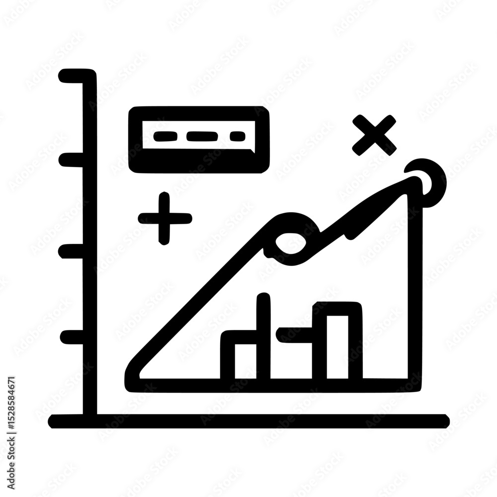 Aufkleber line graph showing upward trend with bars, plus sign, cross, and data display.